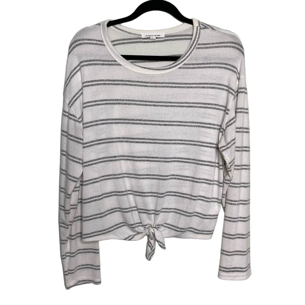 Caution To The Wind Tie Front Striped Knit Pullover Boxy White Gray L‎ Beachy